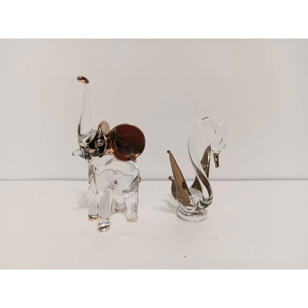 Glass Figurines Lot Of 2 Elephant/Swan Clear Gold Toned Accents Figurines...